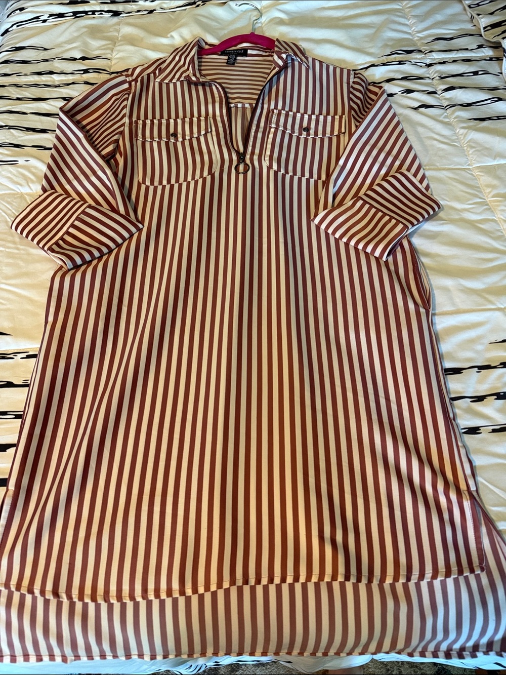 Kenneth Cole Maroon and White Striped Casual Dress with Pockets